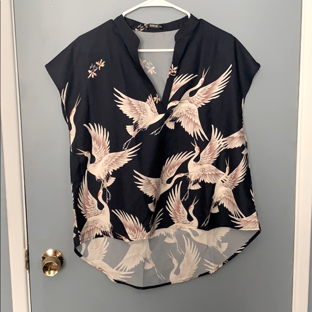 SHEIN V-Neck Crane Print High-Low Top